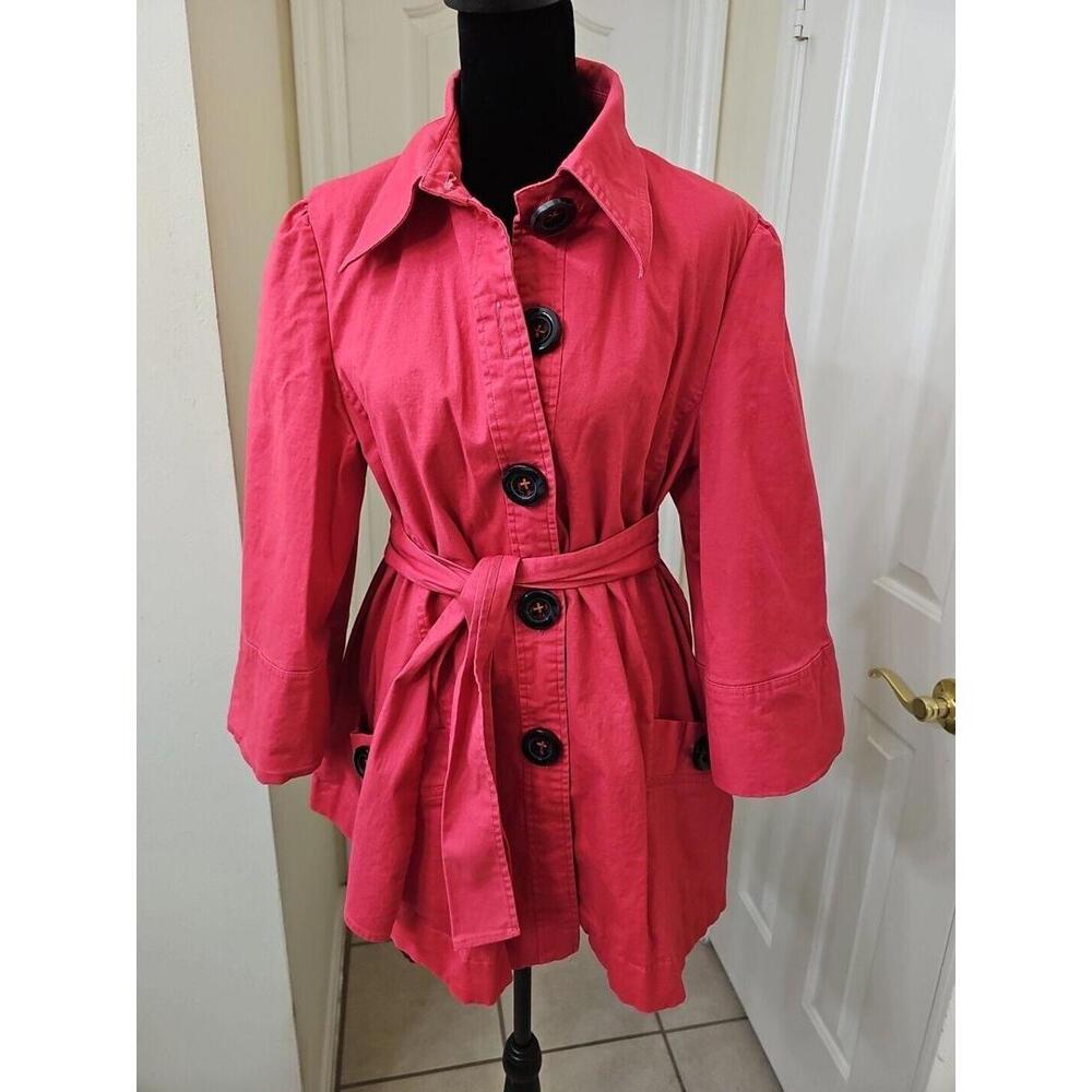 Barbiecore‎ Y2K Women's Hot Pink Trench Coat Button Front Belt/Bow Tie sz L